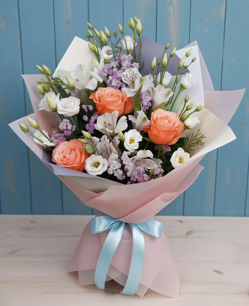 Букет цветов из: Лизиантусы, Розы, Альстромерии и Гипсофила в Волоконовке