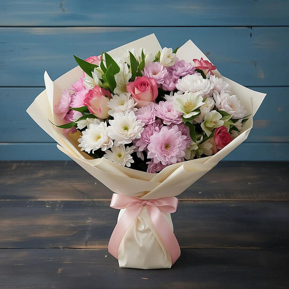 Букет цветов из: Хризантемы, Альстромерии и Розы в Волоконовке